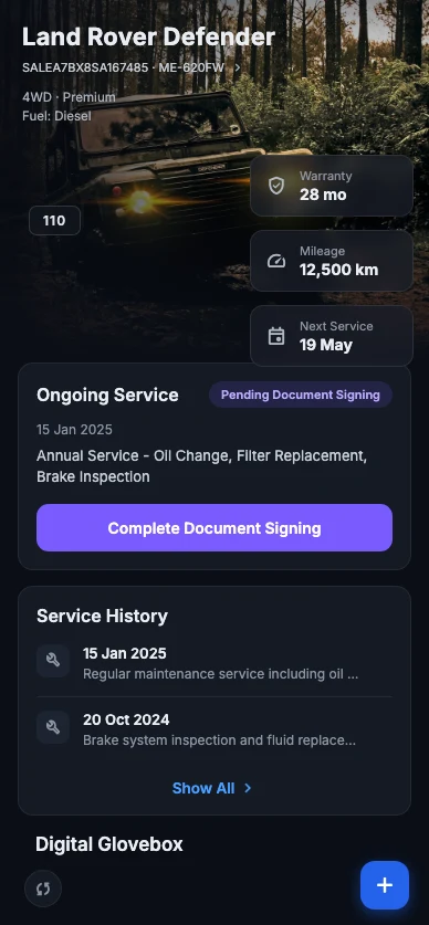 Self-service portal — vehicle home screen for a Land Rover Defender with ongoing service